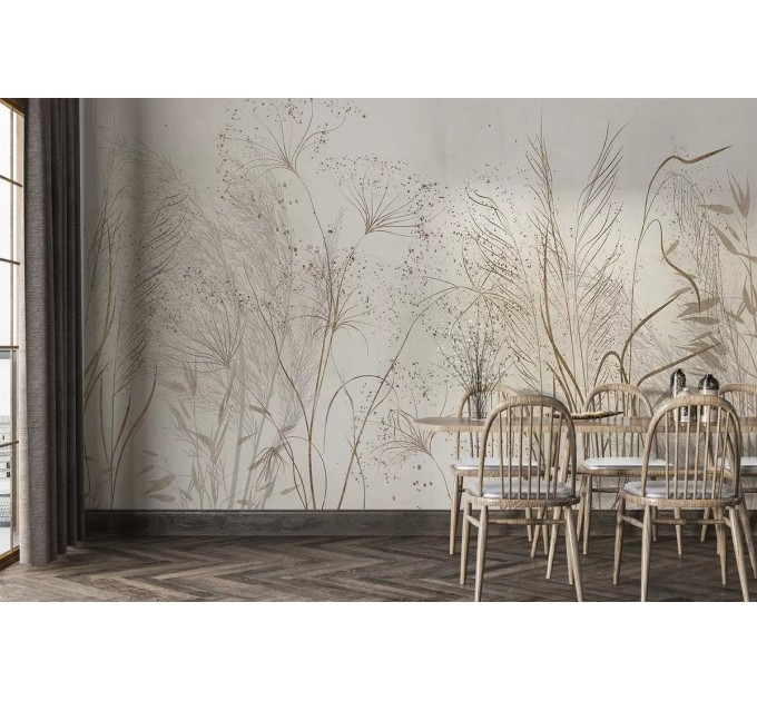 Minimalist light leaves wall mural Light beige herbs