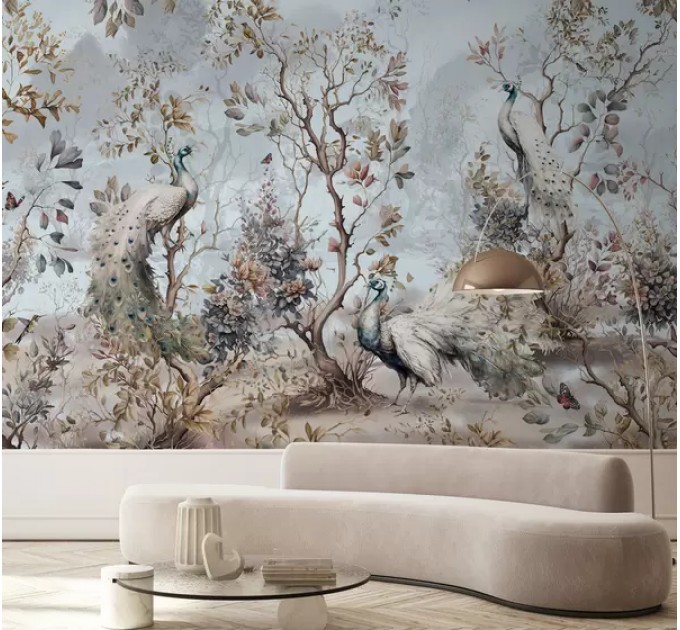 Birds in garden wallpaper with peacock, Chinoiserie style