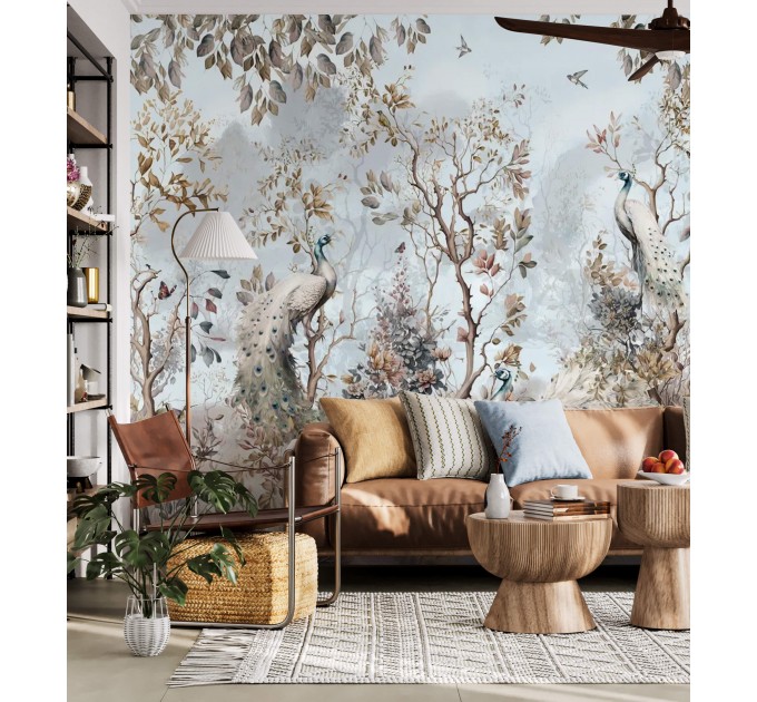 Birds in garden wallpaper with peacock, Chinoiserie style