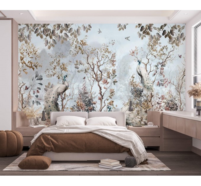 Birds in garden wallpaper with peacock, Chinoiserie style