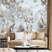 Birds in garden wallpaper with peacock, Chinoiserie style