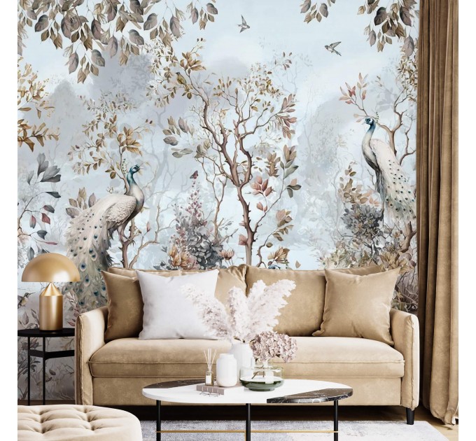 Birds in garden wallpaper with peacock, Chinoiserie style
