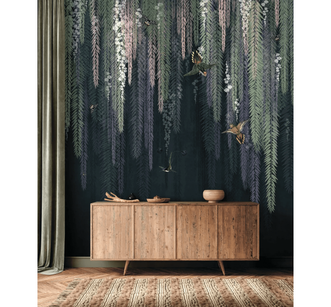 Blooming liana wall mural with birds