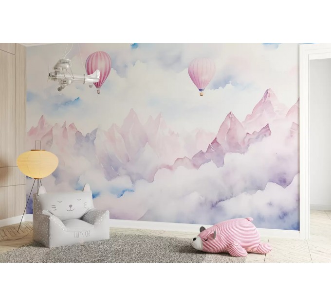 Baby girl room mountains wall mural, pastel landscape
