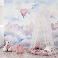 Baby girl room mountains wall mural, pastel landscape