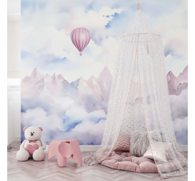 Baby girl room mountains wall mural, pastel landscape