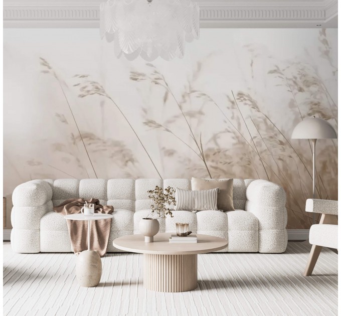 Soft beige botanical wall mural Wild field wallpaper