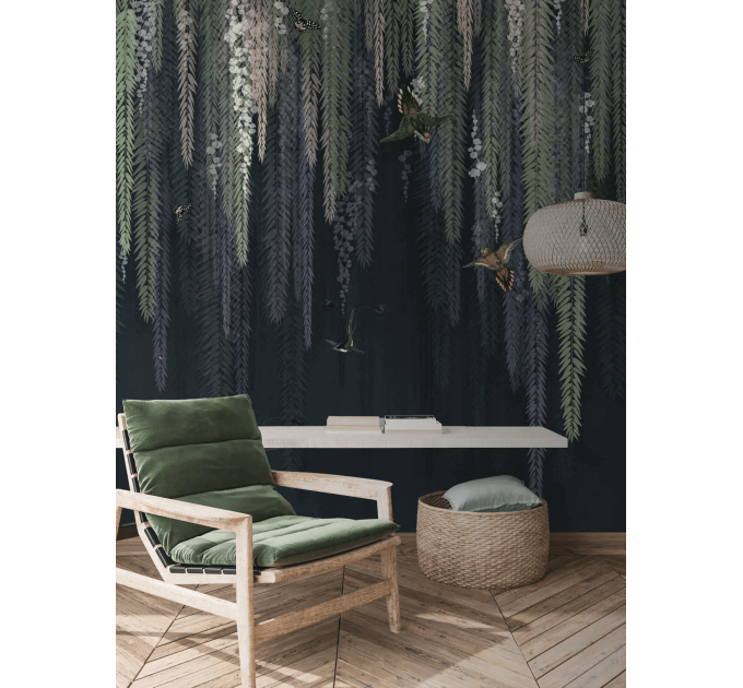 Blooming liana wall mural with birds