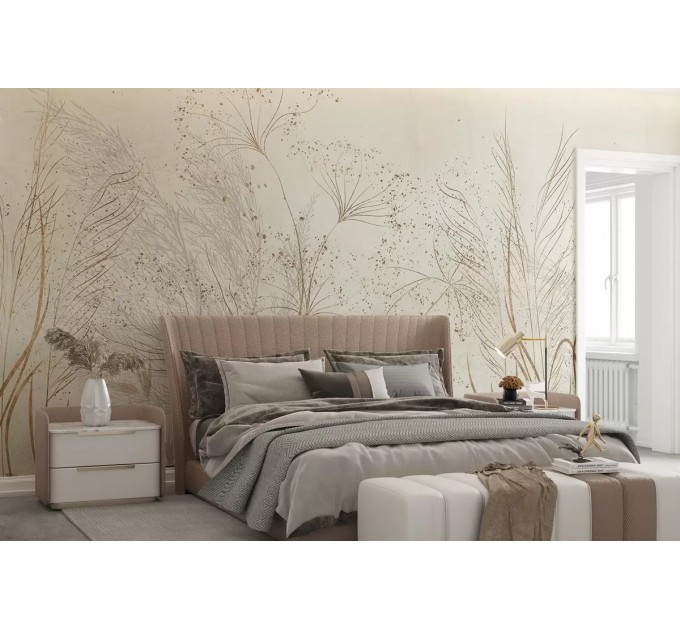 Minimalist light leaves wall mural Light beige herbs