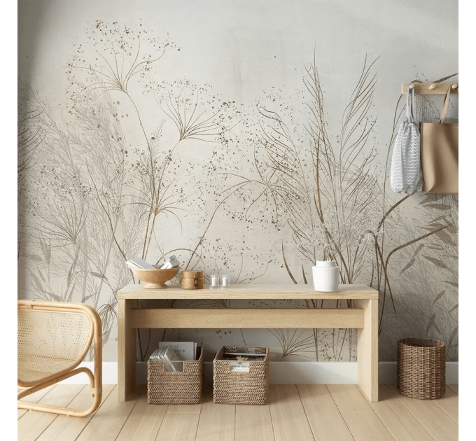 Minimalist light leaves wall mural Light beige herbs