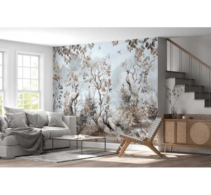 Birds in garden wallpaper with peacock, Chinoiserie style