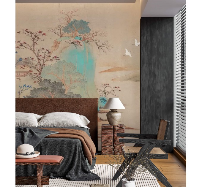 Chinoiserie style landscape wall mural Vintage art wallpaper