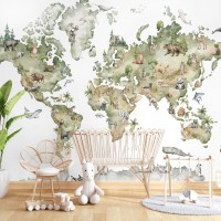 Kids wall mural World map with animals