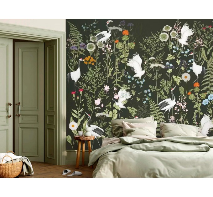Dark botanical wallpaper mural with birds