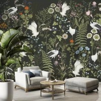 Dark botanical wallpaper mural with birds