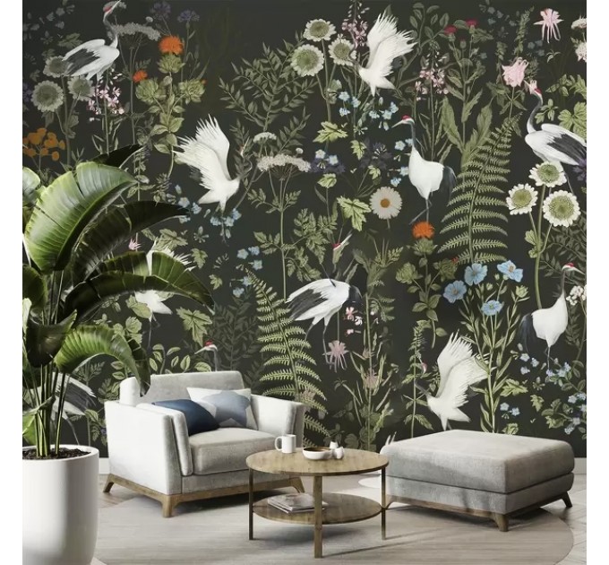 Dark botanical wallpaper mural with birds