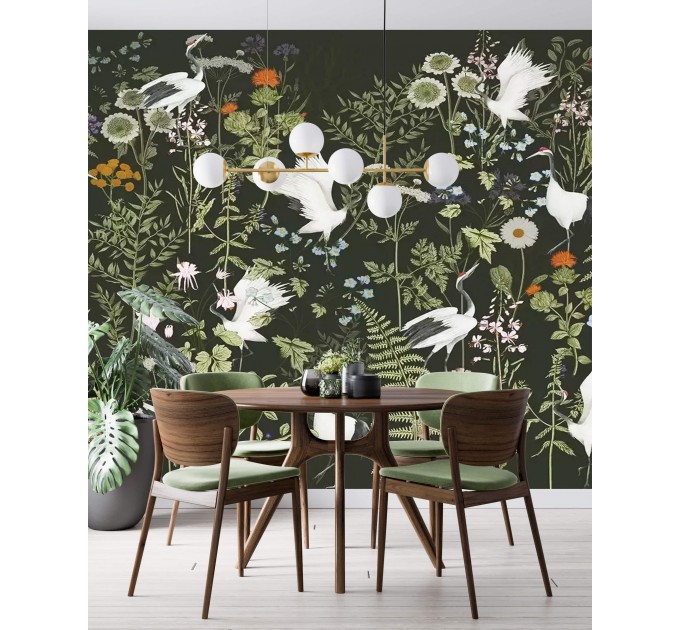Dark botanical wallpaper mural with birds