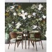 Dark botanical wallpaper mural with birds