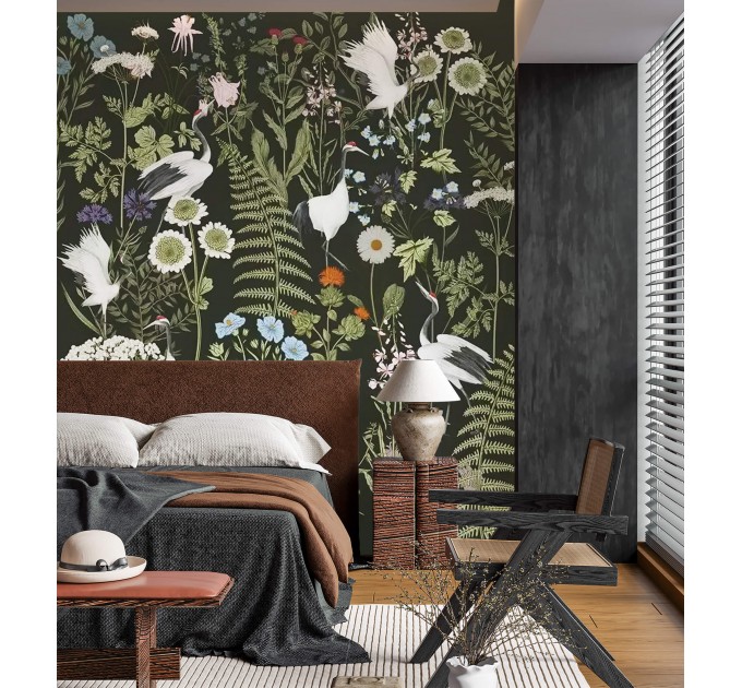 Dark botanical wallpaper mural with birds