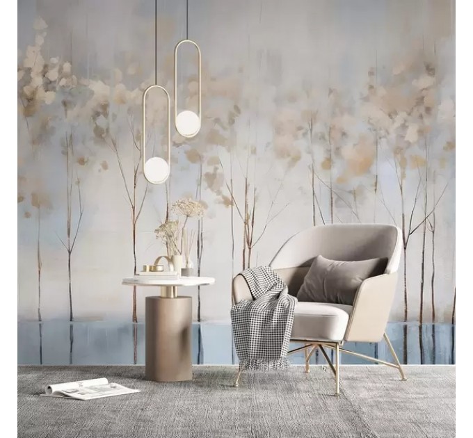 Soft painted trees mural landscape wallpaper, muted forest