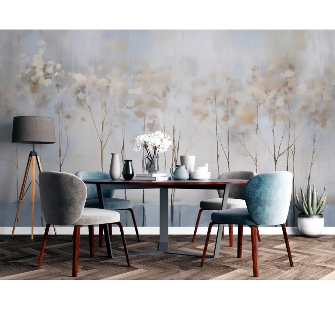Soft painted trees mural landscape wallpaper, muted forest