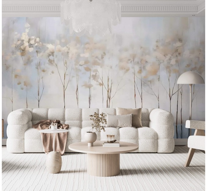Soft painted trees mural landscape wallpaper, muted forest