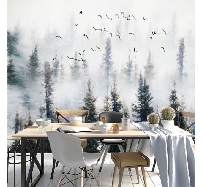 Foggy forest wall mural, landscape wallpaper