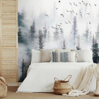 Foggy forest wall mural, landscape wallpaaper
