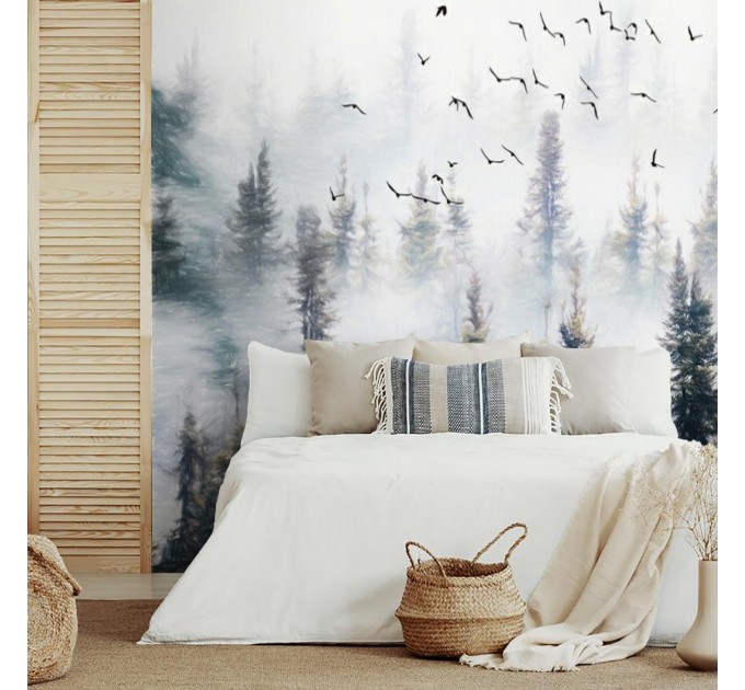 Foggy forest wall mural, landscape wallpaper
