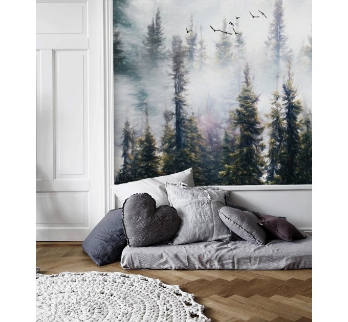 Foggy forest wall mural, landscape wallpaper