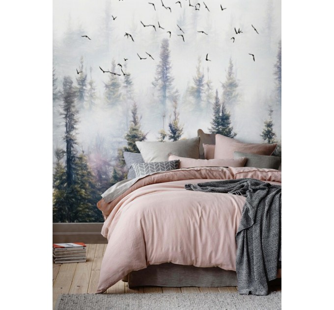 Foggy forest wall mural, landscape wallpaper