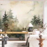 Watercolor forest wallpaper Foggy forest wall mural