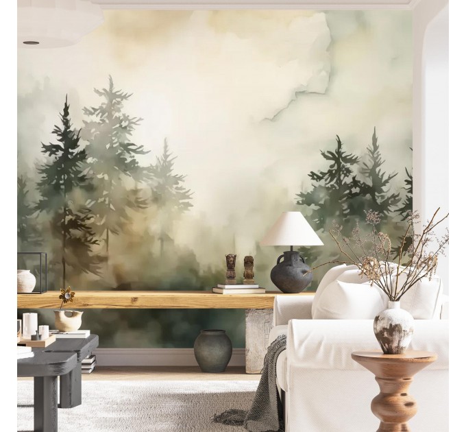 Watercolor forest wallpaper Foggy forest wall mural