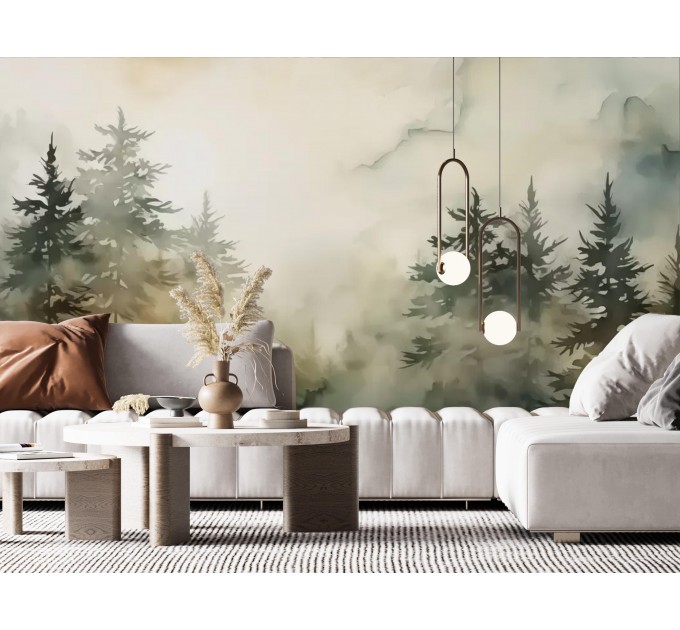 Watercolor forest wallpaper Foggy forest wall mural