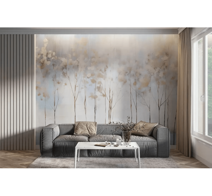 Soft painted trees mural landscape wallpaper, muted forest