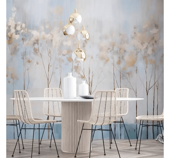 Soft painted trees mural landscape wallpaper, muted forest