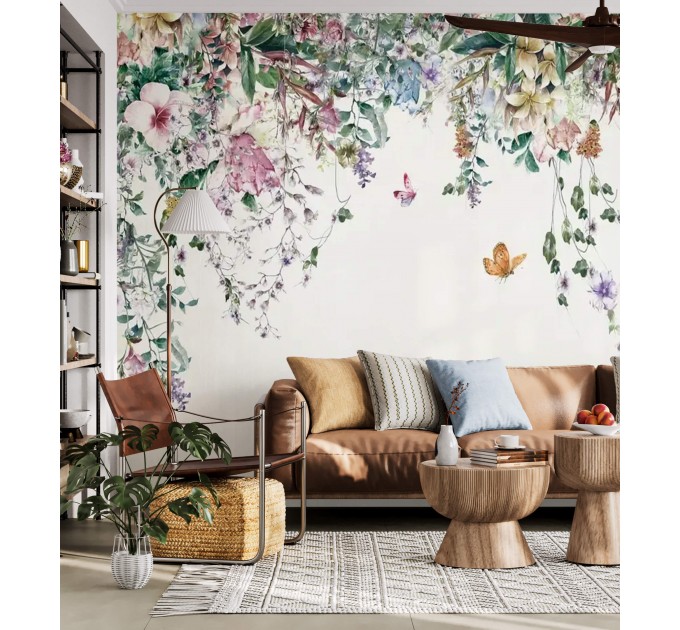 Wild garden wallpaper Floral wall mural with butterflies