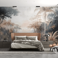 Vintage tropical wallpaper, Jungle landscape wall mural