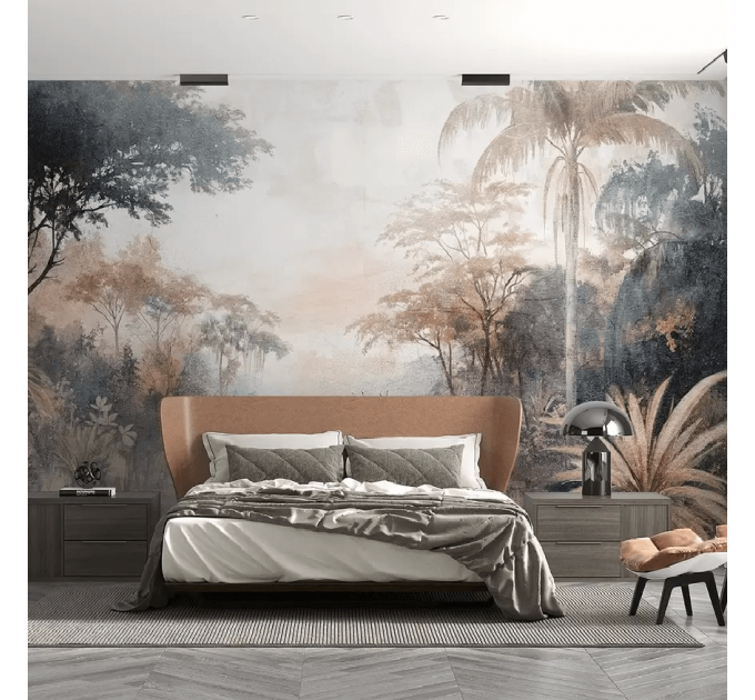 Vintage tropical wallpaper, Jungle landscape wall mural