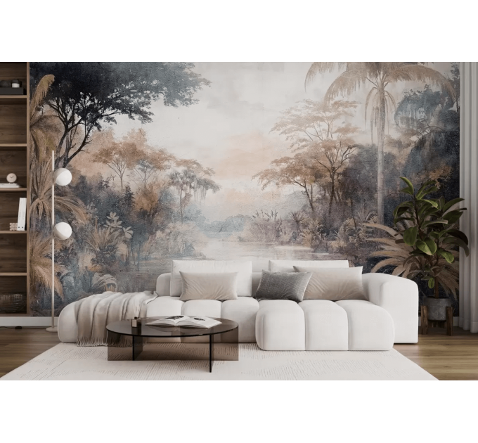 Vintage tropical wallpaper, Jungle landscape wall mural