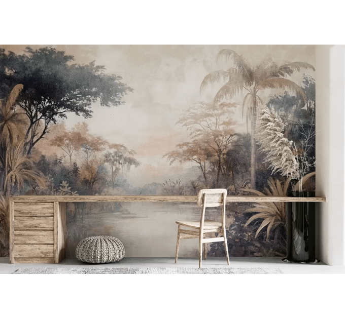 Vintage tropical wallpaper, Jungle landscape wall mural