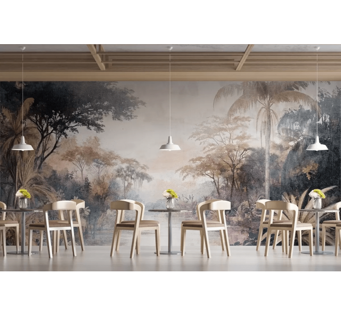 Vintage tropical wallpaper, Jungle landscape wall mural