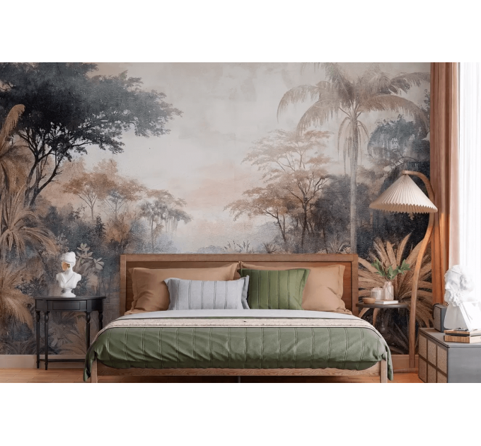 Vintage tropical wallpaper, Jungle landscape wall mural
