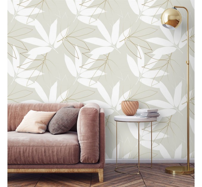Neutral wallpaper large leaves, minimalist botanical design