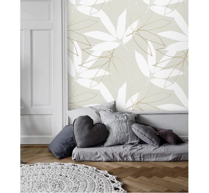 Neutral wallpaper large leaves, minimalist botanical design