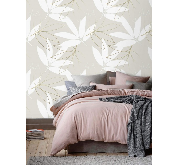 Neutral wallpaper large leaves, minimalist botanical design