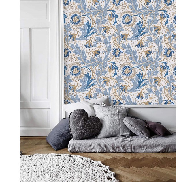 Wallpaper vintage floral ornament blue white flowers