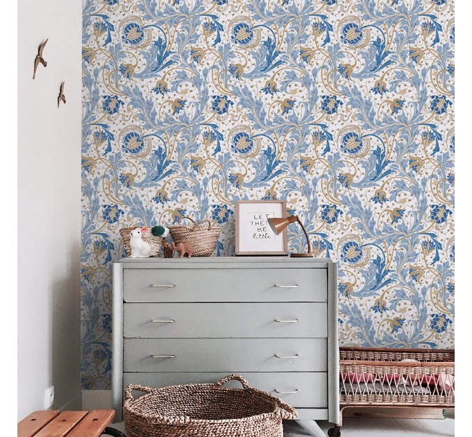 Wallpaper vintage floral ornament blue white flowers