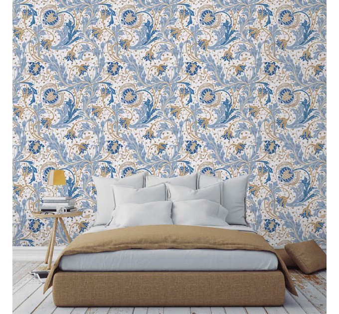 Wallpaper vintage floral ornament blue white flowers