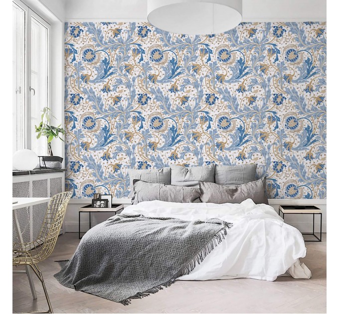 Wallpaper vintage floral ornament blue white flowers